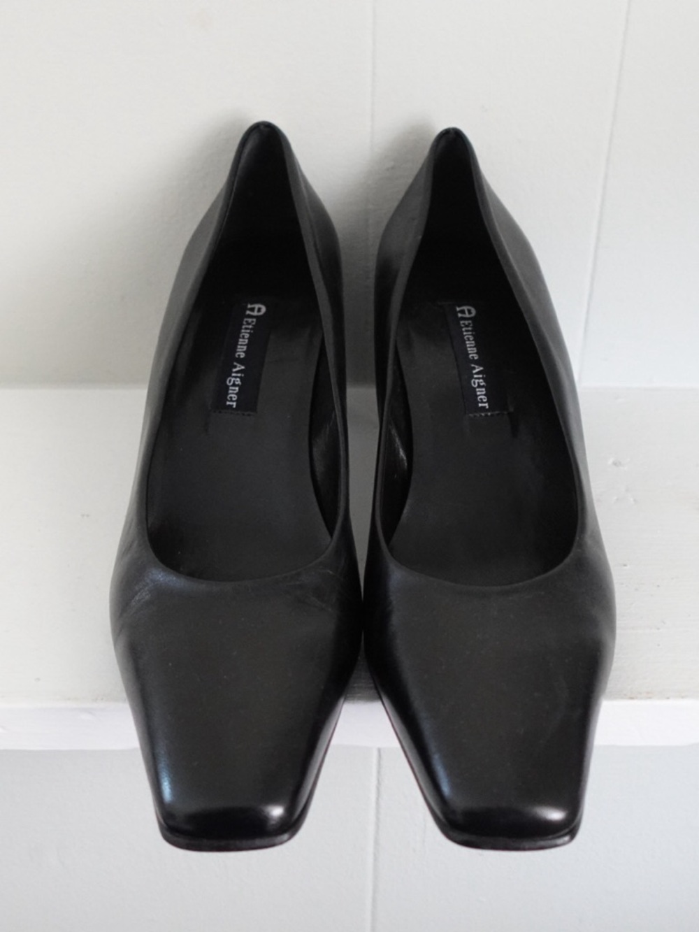 Etienne Aigner Black Leather Square-Toe Pumps - Classic Work Heels